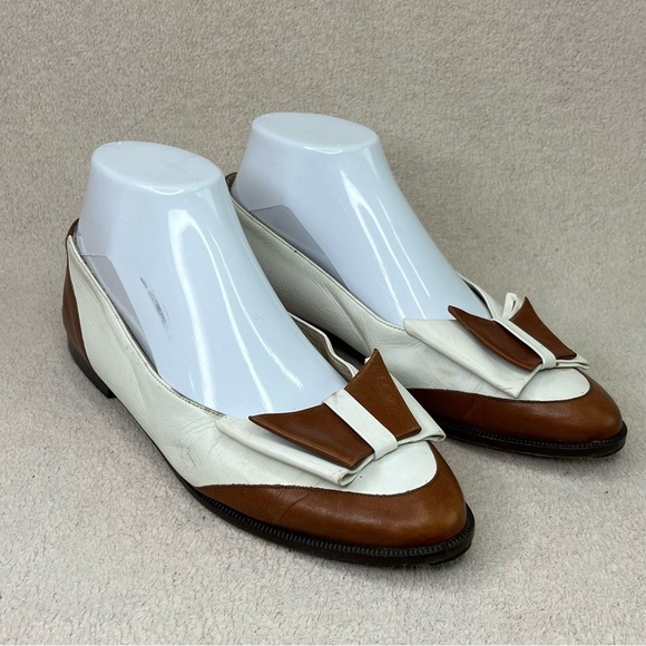 Vintage Bertie Leather Bow Flats Loafers-Cream/Brown-Women’s 7-Vtg-Retro-Classic - Picture 3 of 13